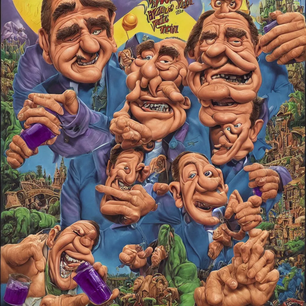Image similar to promotional art for the movie'unless you hate bullruns ', barry chuckle preparing a batch of purple oil drink, hyperreal detailed facial features and uv lighting, art by ed roth and basil wolverton