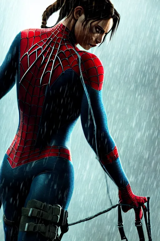 Image similar to cinematic!!!! of lara croft as spiderman!!!!!!, dramatic rain, 8 k, moody lighting