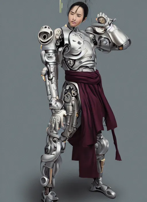 Prompt: full body portrait of a male cyborg daoshi wearing a daopao by wlop, wuxia, xianxia, daoshi, taoist priest, taoist master, metallic skin, cyborg, daopao, taoist robe, noragi, realistic, anatomically accurate, fantasy illustration, artstation, wlop, hi - res, 4 k.