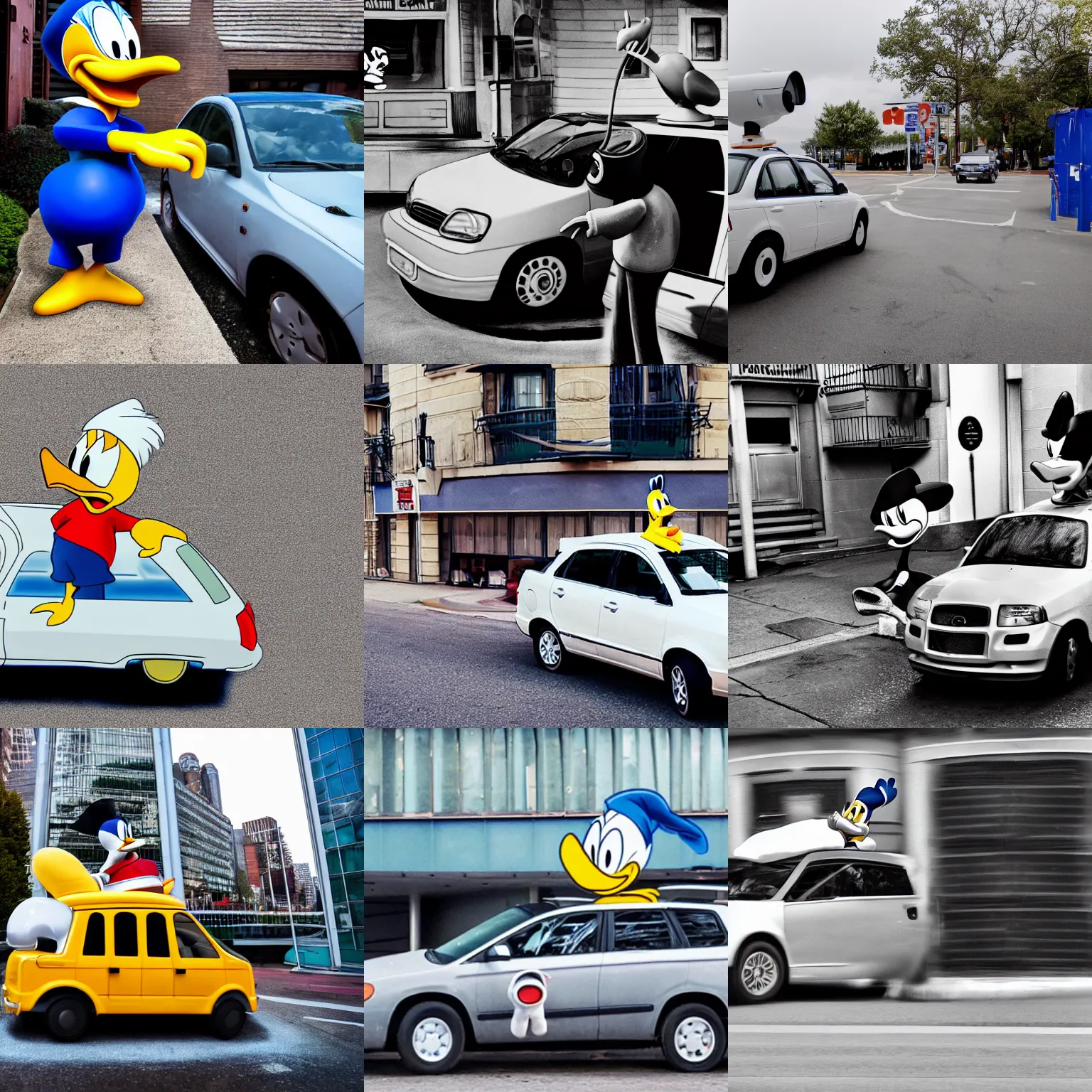 Prompt: Donald duck breaking into a car, surveilance camera, wide angle lens