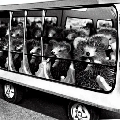 Image similar to hedgehogs on a schoolbus, photo, 1 9 6 0 s psychedelic