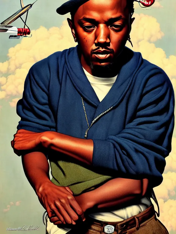 Image similar to kendrick lamar portrait by gil elvgren and norman rockwell and rob gonsalves and hajime sorayama, hyperrealistic, high detail, ultra detailed, highly detailed face, ruffled fabric