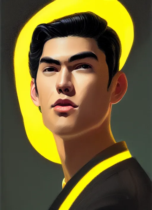 Image similar to portrait of young reggie mantle, mean smirk, egotistical, slicked back hair, striped yellow and black sweater, 1 9 5 0 s, intricate, elegant, glowing lights, highly detailed, digital painting, artstation, concept art, smooth, sharp focus, illustration, art by wlop, mars ravelo and greg rutkowski