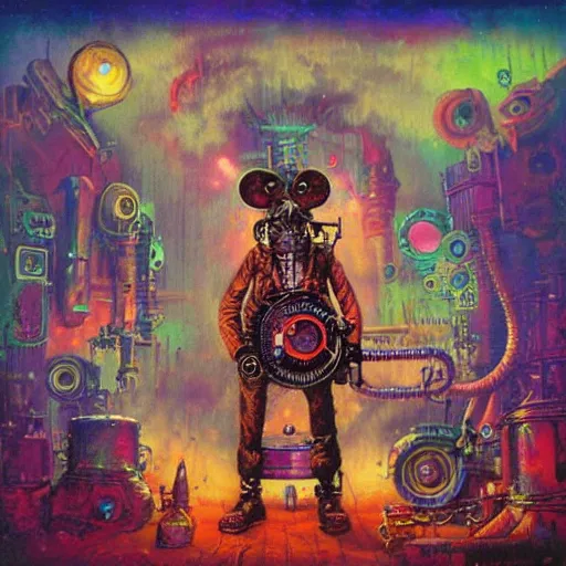 Image similar to steampunk rat, acid, 303, psychedelic, by paul lehr, cd cover