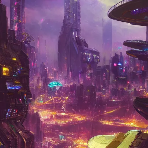 Image similar to A beautiful landscape of a cyberpunk metropolis with giant buildings, and realistic vegetation Giant Psychedelic purple and steel in the space by Mikhail Larionov, greg rutkowski, Monsù Desiderio, George Inness, Henriette Grindat Trending on artstation and SF