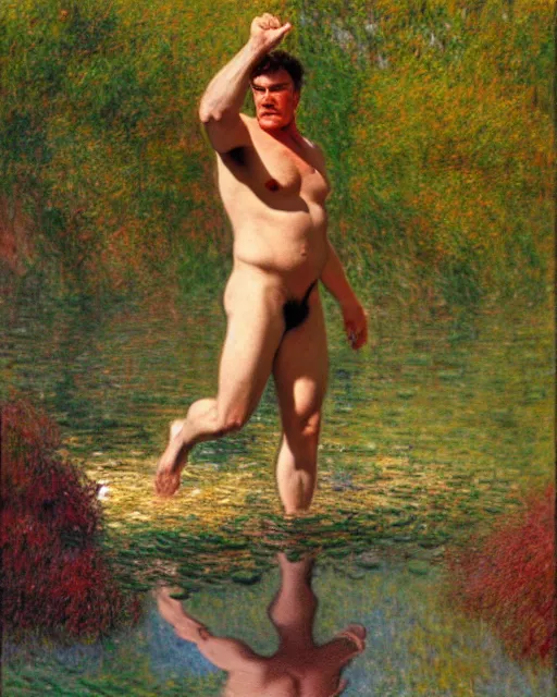 Image similar to quentin tarantino wading through a river, reflective water, painting by tom of finland, gaston bussiere, craig mullins, j. c. leyendecker, claude monet