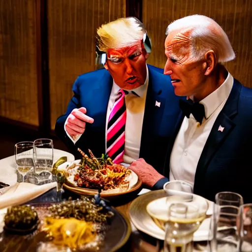 Prompt: Trump and Biden having dinner at a fancy Balinese restaurant, award winning photography, 85mm, perfect faces