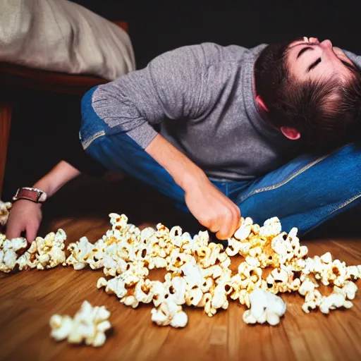 Prompt: photo of a man eating popcorn, another man on the floor with a broken back, another man on the floor vomiting all over himself, and another man breaking the roof