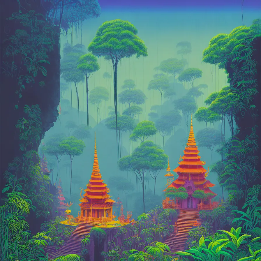 Prompt: ( ( ( gediminas pranckevicius ) ) ), wat bukit perak jungle temple, summer morning, very coherent and colorful high contrast art by james gilleard floralpunk screen printing woodblock, dark shadows, pastel color, hard lighting