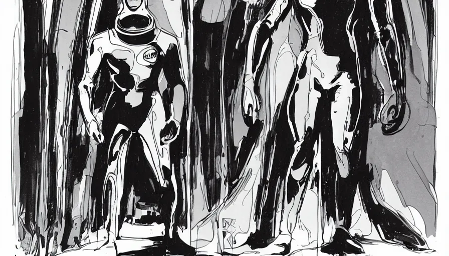 Image similar to male, elongated figure, space suit, sketch, character sheet, very stylized, digital art, illustration, pen and ink, by mike mignola, by alex maleev