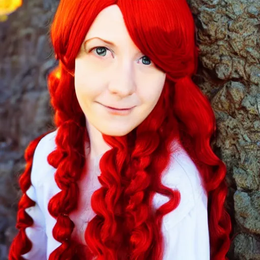 Image similar to woman with long curly red hair in villager cosplay from super smash brothers video game. relaxed. realistic photo. cosplay photoshoot. high detail. convention photo.