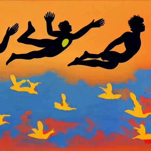 Prompt: a group of people flying through the air, an album cover by Robert Colescott, tumblr contest winner, sots art, glitchy, wallpaper, 2d