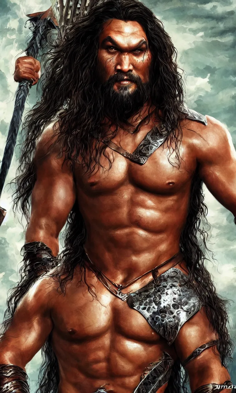 Prompt: hyper realistic digital painting of jason momoa as conan the barbarian by simon bisley, vivid color scheme, unreal engine 5