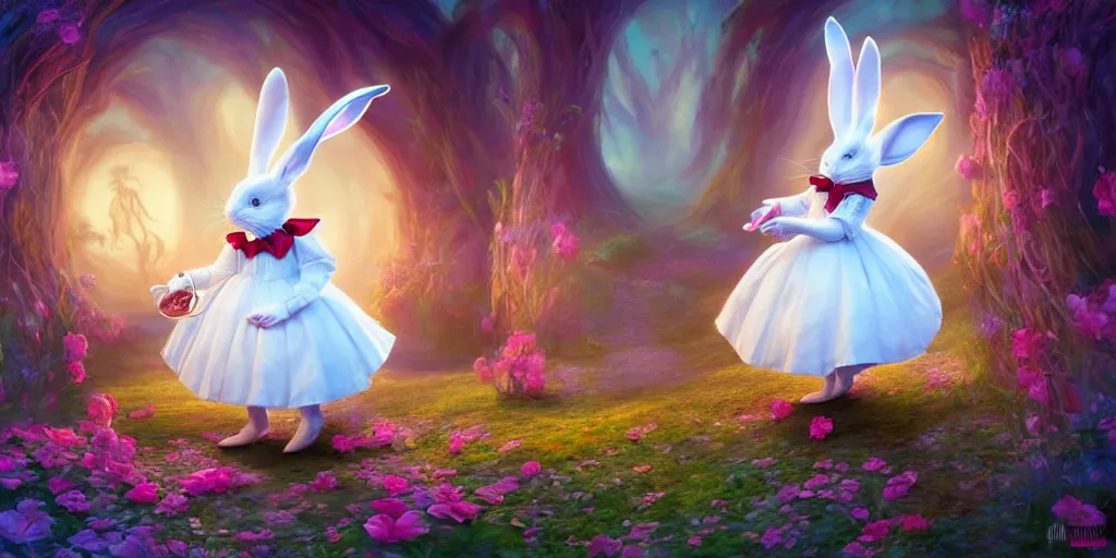 Image similar to The White Rabbit, Alice in wonderland, colorful, wide angle, super highly detailed, professional digital painting, artstation, concept art, smooth, sharp focus, no blur, no dof, extreme illustration, Unreal Engine 5, Photorealism, HD quality, 8k resolution, cinema 4d, 3D, beautiful, cinematic, art by artgerm and greg rutkowski and alphonse mucha and loish and WLOP