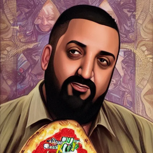 Image similar to portrait of DJ Khaled with groucho marx hairstyle holding a huge pizza as a Grand Theft Auto Cover, elegant, intricate, headshot, highly detailed, digital painting, artstation, concept art, sharp focus, illustration, art by artgerm and greg rutkowski and alphonse mucha