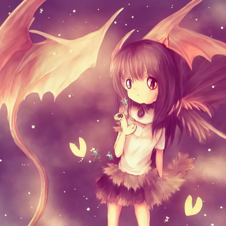 Image similar to cute, full body, female, anime style, a cat girl with fairy wings patting a dragon, large eyes, beautiful lighting, sharp focus, simple background, creative, heart effects, filters applied, illustration