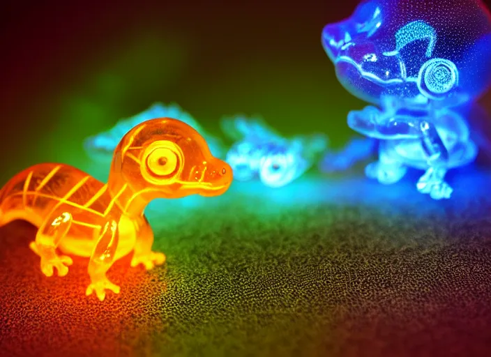 Prompt: photo of a translucent clear chibi style baby dinosaur with symmetrical head and eyes, made out of clear plastic, but has red hypercolor glowing electric energy inside its body, and electricity flowing around the body. in the forest. fantasy magic style. highly detailed 8 k. intricate. nikon d 8 5 0 3 0 0 mm. award winning photography. design by pixar