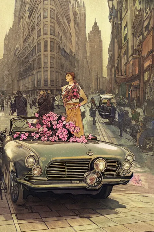 Prompt: ultra realistic illustration, old vintage car in the city with flowers blooming out the window, elegant, highly detailed, digital painting, concept art, smooth, sharp focus, illustration, art by alphonse mucha