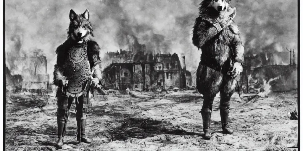 Prompt: anthropomorphic furry wolf in armor standing in front of a burning village, 1900s film scene