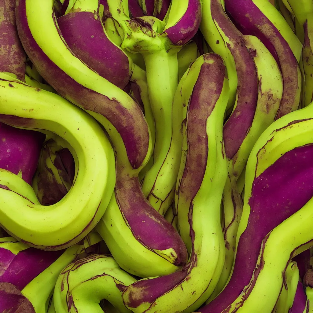 Image similar to very ripe patchwork bananas placed like a complex fractal, cracked, vegetable foliage, art nouveau fractal with petal shape, and stems, mesh roots. closeup, hyper real, food photography, high quality