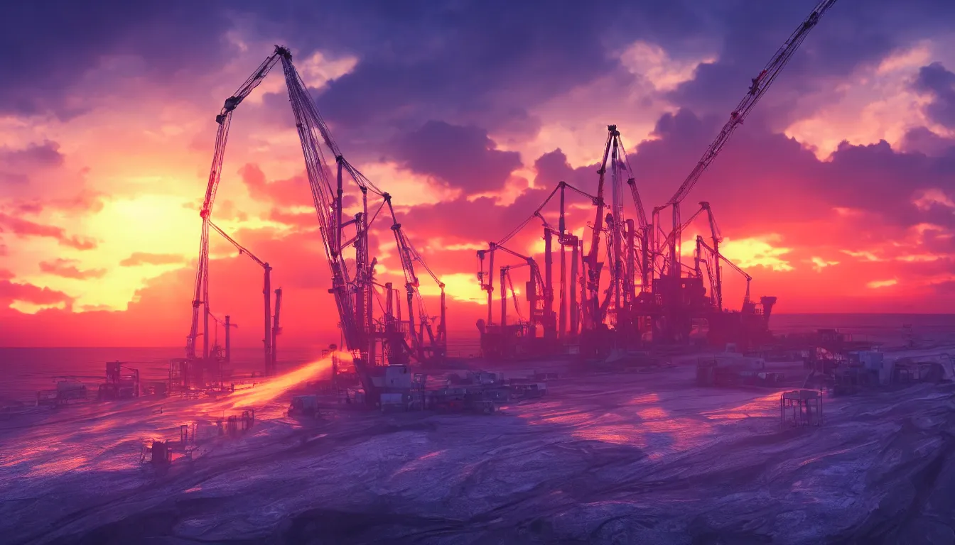 Image similar to huge machine cranes , feedback loop , burst of powders ,volumetric lighting, twisting vapour, bellowing dust , emerging seascape and beautiful sunset , full colour , upscale , 4k