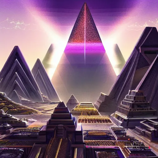 Prompt: a scene of a beautiful intricate epic futuristic pharaoh city with a cyber pyramid, a neo sphynx and hovering chariots taken from a distance, minimalist, cinematic lighting