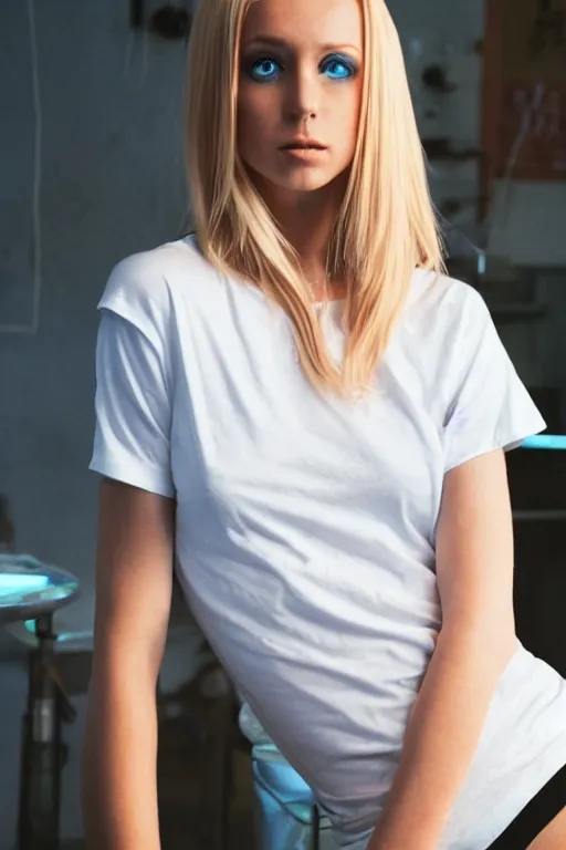 Prompt: a young, blonde-haired woman with soft facial features and blue eyes, wearing a white long t-shirt and thigh high socks, 35mm photograph, neon lights in the background