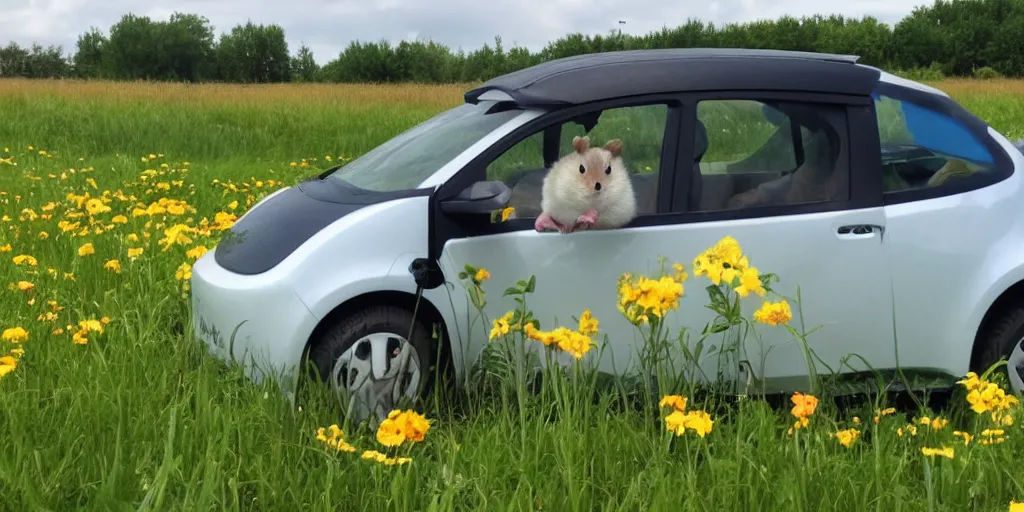 Image similar to a hamster in the prairie happy to ride an electric car