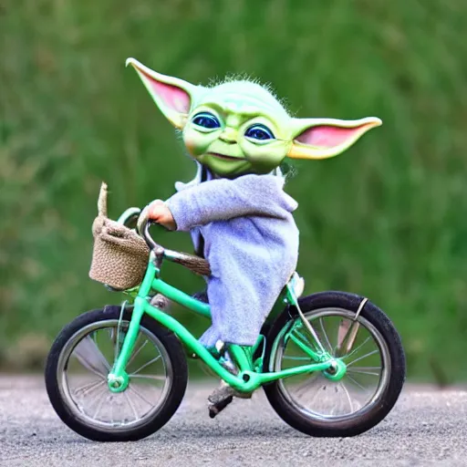 Prompt: baby yoda riding a bike