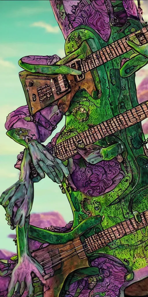 Image similar to Pickle Rick playing a gothic guitar, highly detailed in 4k