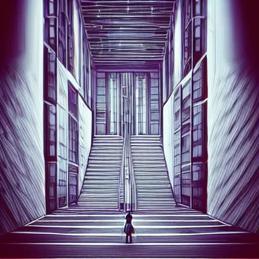 Image similar to “the inside of a huge white building with with many doors and stairs, confusing, clean geometric shapes, sharp lines, creepy, doors, strange dimensions, anime style, detailed background, horror anime”