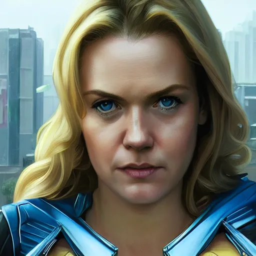 Prompt: Cindy Busby with blonde hair as superwoman as a grand theft auto 5 loading screen, close shot, gorgeous, beautiful, intricate, highly detailed, digital painting, artstation, oppressive lighting, concept art, sharp focus, illustration, art by greg rutkowski and alphonse mucha