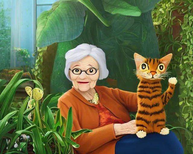 Image similar to detailed portrait of a nice old lady and her plant cat, pixar, sharp high quality