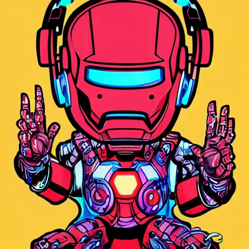 Image similar to artgerm, psychedelic laughing cybertronic ironman, rocking out, headphones dj rave, digital artwork, r. crumb, svg vector