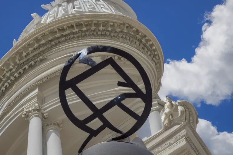 Prompt: Statue of a dollar sign outside of the United States Capitol, 4k, award winning photo