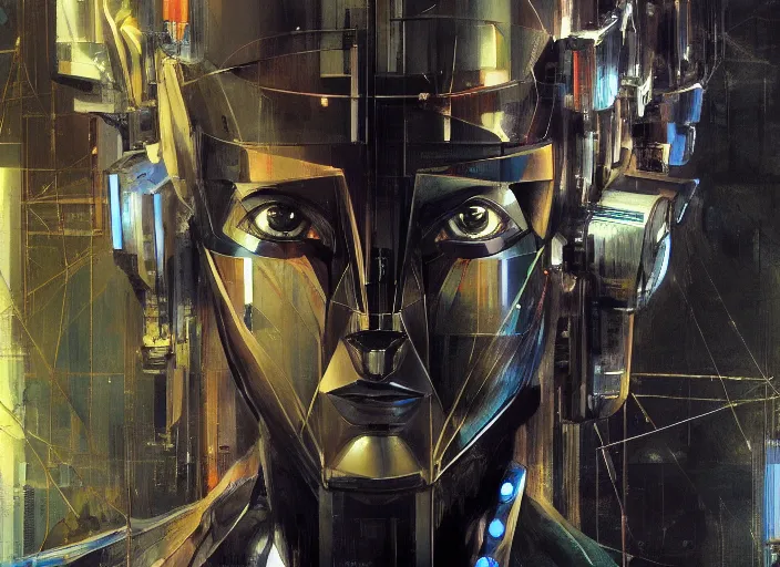 Prompt: a portrait of cyber - dog of sci fi metallic human by yoji shinkawa bright eyes, melancholic complex geometric figure liminal machinery by oskar schlemmer, moebius, john berkey, film grain, oil on canvas, portrait facial head, featured on artstation, hd wallpaper, 8 k