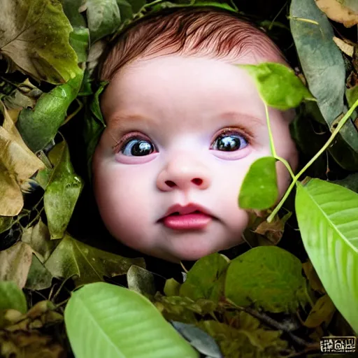 Image similar to award winning hyper realistic photograph of a baby sasquatch portrait hiding in the leaves peering out timidly with with large cute eyes