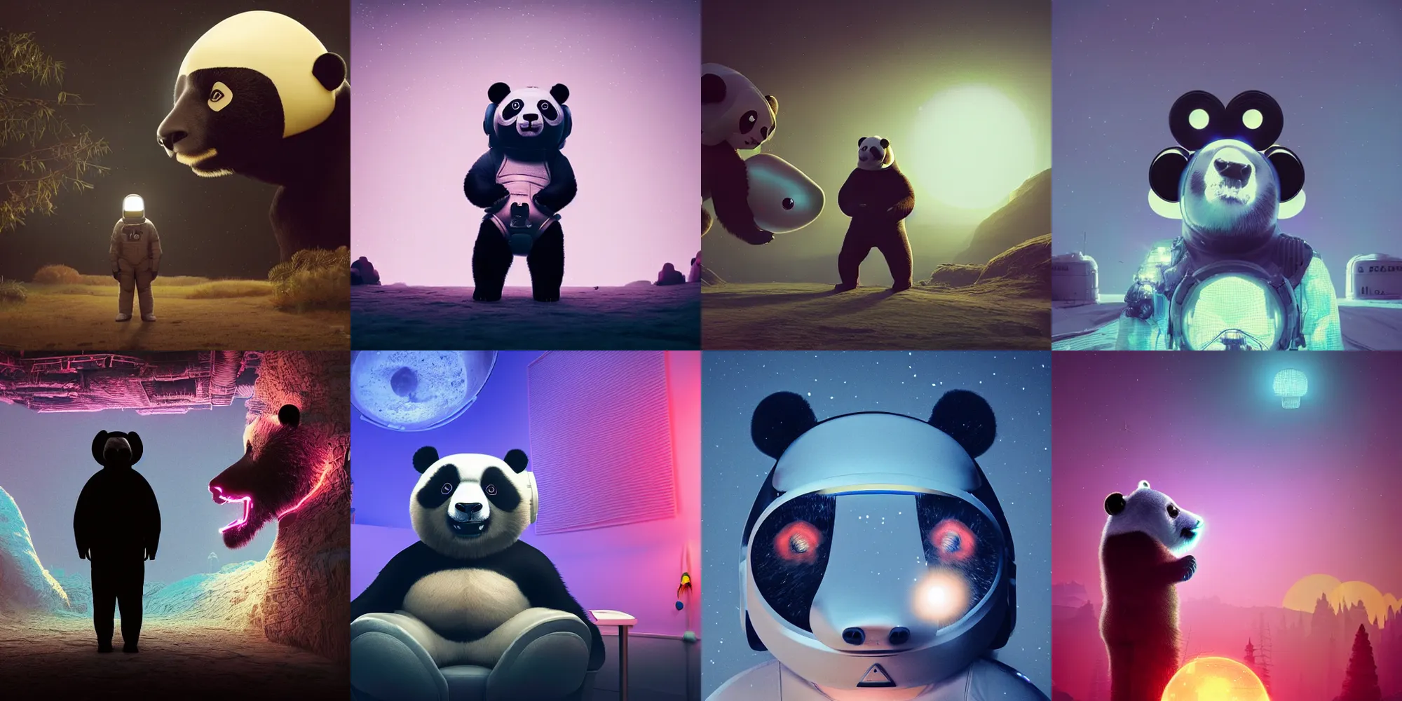 Prompt: beautiful dark landscape, panda bear wearing an astronaut helmet standing looking at a giant cyborg panda bear head, in the style of beeple and Mike Winkelmann, photo real, ultra realistic, intricate, epic lighting, 8k resolution, unreal engine 5,