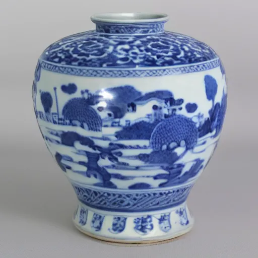 Prompt: photograph of kangxi blue and white porcelain