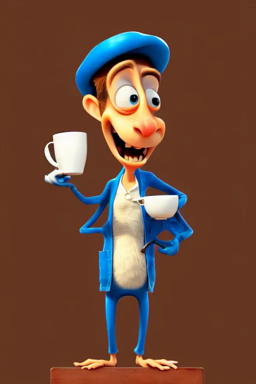 Image similar to portrait of the crazy dentist holding a cup of coffee, full body. pixar disney 4 k 3 d render funny animation movie oscar winning trending on artstation and behance. ratatouille style.