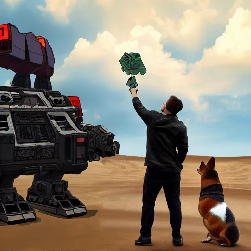 Image similar to a corgi fighting a giant robot on a cloudy day while god watches from above