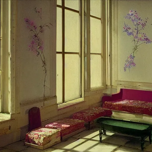 Image similar to a lot of different flowers in a liminal abandoned room, film still by wes anderson, depicted by balthus, limited color palette, very intricate, art nouveau, highly detailed, lights by hopper, soft pastel colors, minimalist