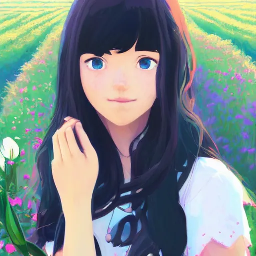 Prompt: portrait of teen girl with long black hair and bangs, detailed facial features, beautiful face, flower fields and mountains in the background, digital painting, artstation, highly detailed, by makoto shinkai and thomas kindle and James gilleard