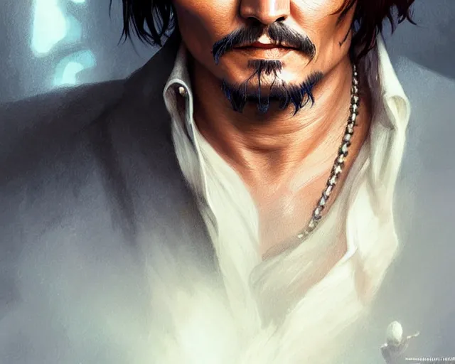 Image similar to digital art of johnny depp, deep focus, d & d, fantasy, intricate, elegant, highly detailed, digital painting, artstation, concept art, matte, sharp focus, illustration, hearthstone, art by artgerm and greg rutkowski and alphonse mucha