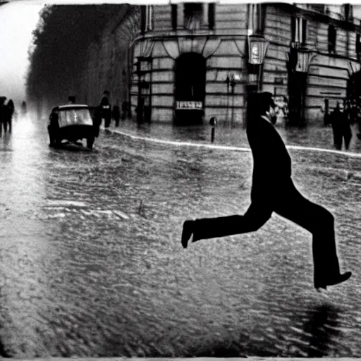 Prompt: the man leaping in a raining paris street, by henri cartier bresson,