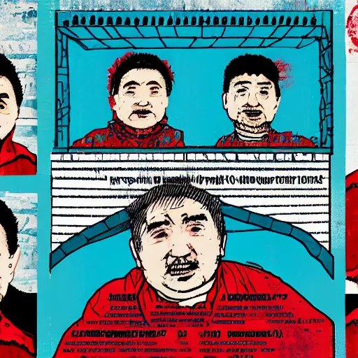 Image similar to uyghur Uighur in a prison behind bars, organ harvesting, in the style of daniel johnston and outsider art, 8k, line brush, overlaid with chinese adverts