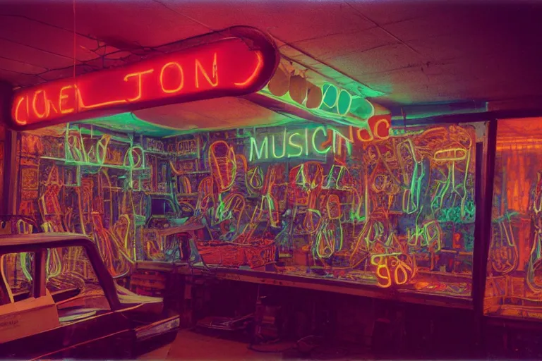 Image similar to neon skeleton shopping, inside of a 1970s music store store, neon lights, dirty, ektachrome photograph, volumetric lighting, f8 aperture, cinematic Eastman 5384 film