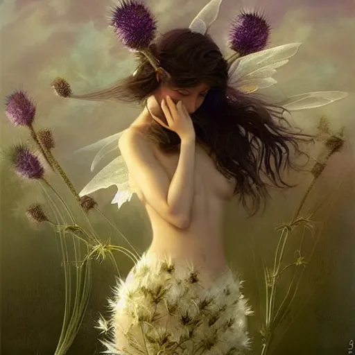 Image similar to a beautiful fairytale painting of a cute thistle seed fairy, a fairy made out of a thistle seed. the thistle seed is her body. dreamy beautiful painting by artgerm and greg rutkowski and magali villanueve