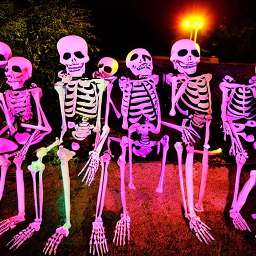 Prompt: skeletons have a night party at the cemetery, with colorful lights, drinks and food. They are dancing. As photograph