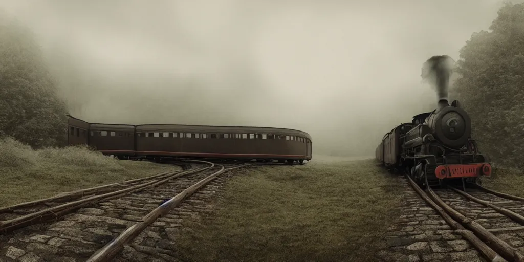 Image similar to an old steam train, steam, bridge by Aron Wiesenfeld and beksincki, cinematic, detailed illustration, nature, fog, dark colors, suspense, intricate, 8k